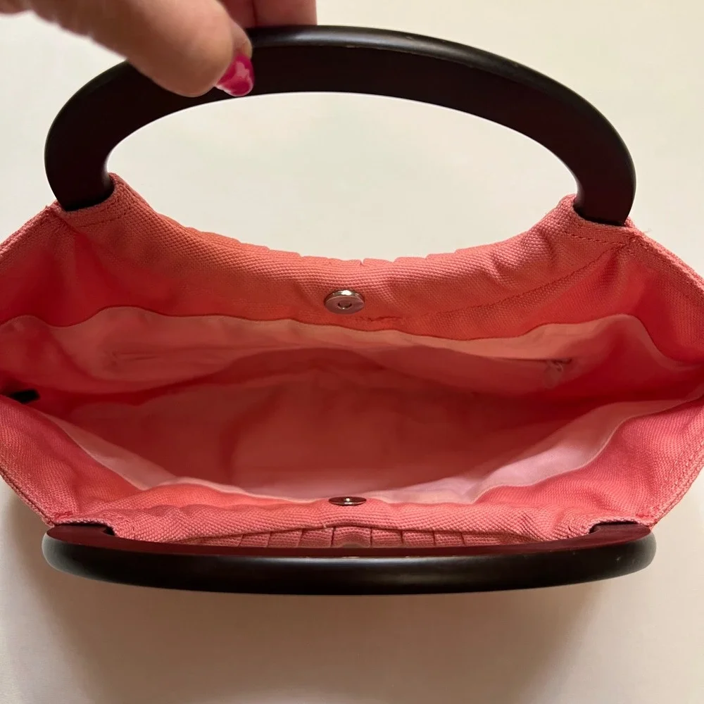 Ann Taylor Loft Coral Canvas Pleated Wood Handle Satchel Handbag Summer Purse